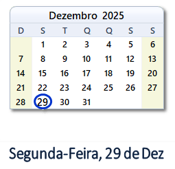 29 Dezembro 2025 calendario