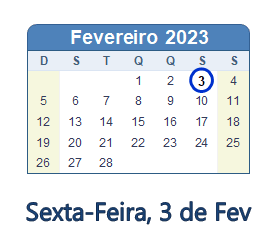 3 Fevereiro 2023 calendario
