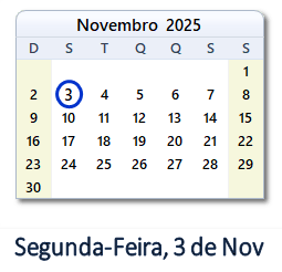 3 Novembro 2025 calendario