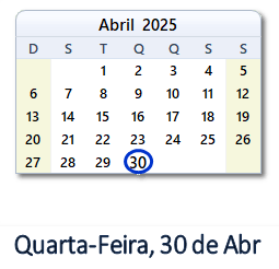30 Abril 2025 calendario