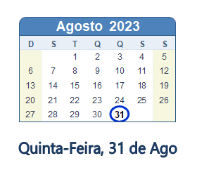 31 Agosto 2023 calendario