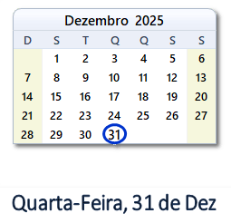 31 Dezembro 2025 calendario