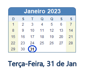 31 Janeiro 2023 calendario
