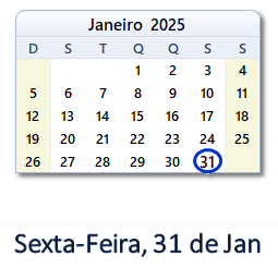 31 Janeiro 2025 calendario