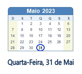 31 Maio 2023 calendario