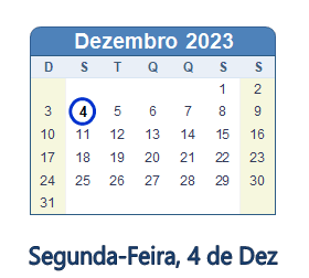 4 Dezembro 2023 calendario