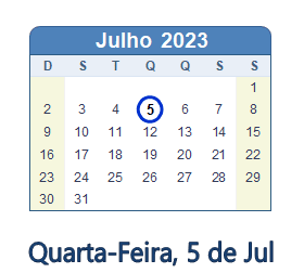 5 Julho 2023 calendario