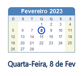 8 Fevereiro 2023 calendario