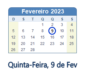 9 Fevereiro 2023 calendario